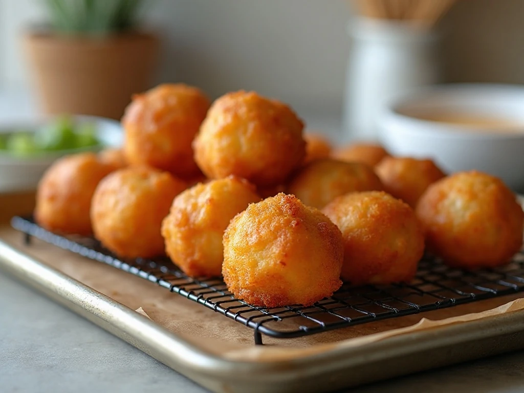 Crisp reheated Southern hush puppies ready to serve