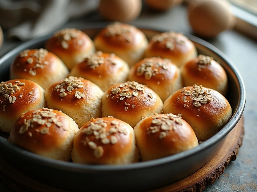 Golden whole grain oat dinner rolls arranged in a baking pan