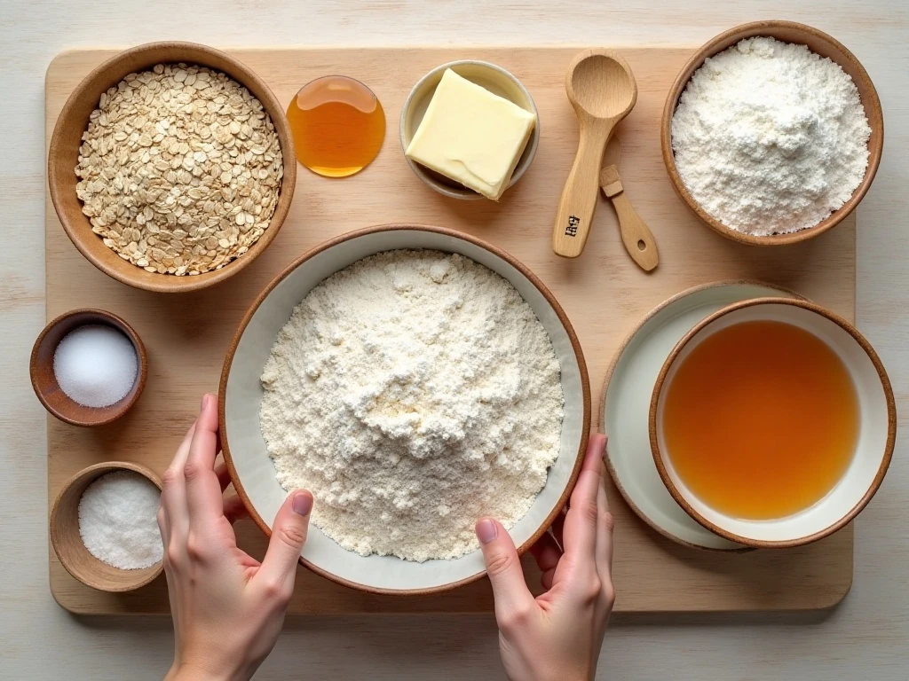 Ingredients for whole grain oat rolls laid out on a counter