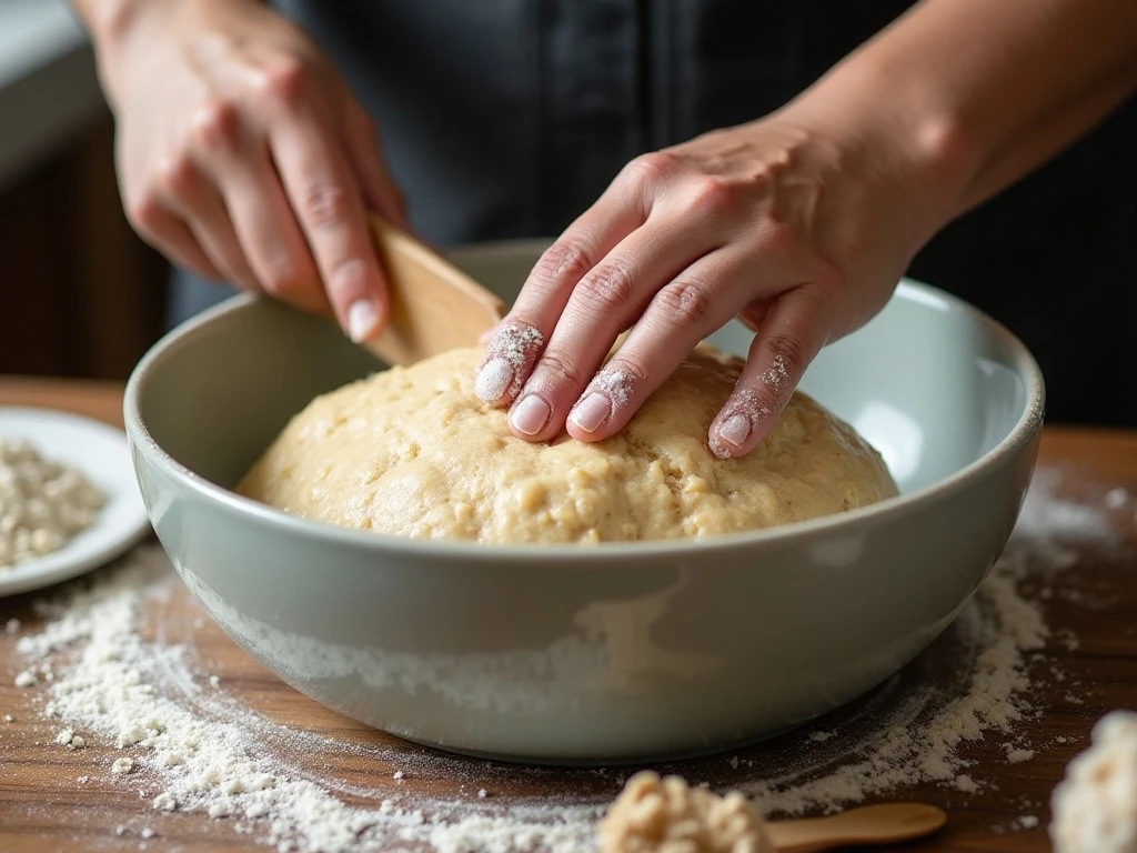 Soft oat roll dough being kneaded during preparation