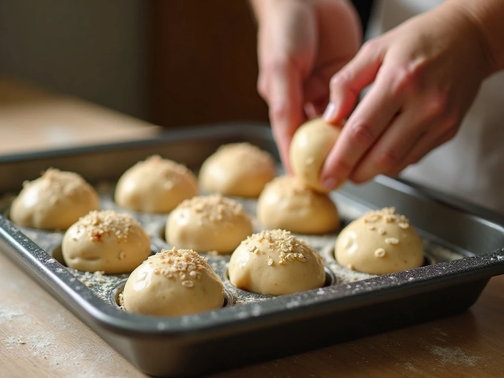 Shaped oat roll dough balls arranged in a baking pan