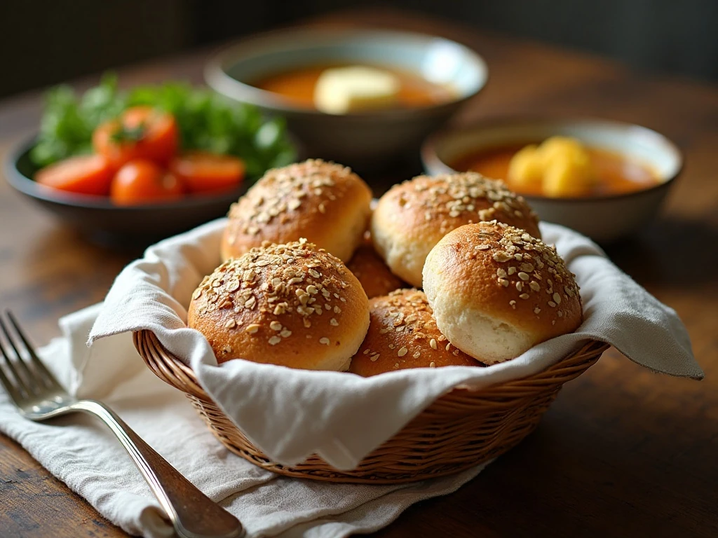 Whole grain oat rolls served with soup and roasted vegetables
