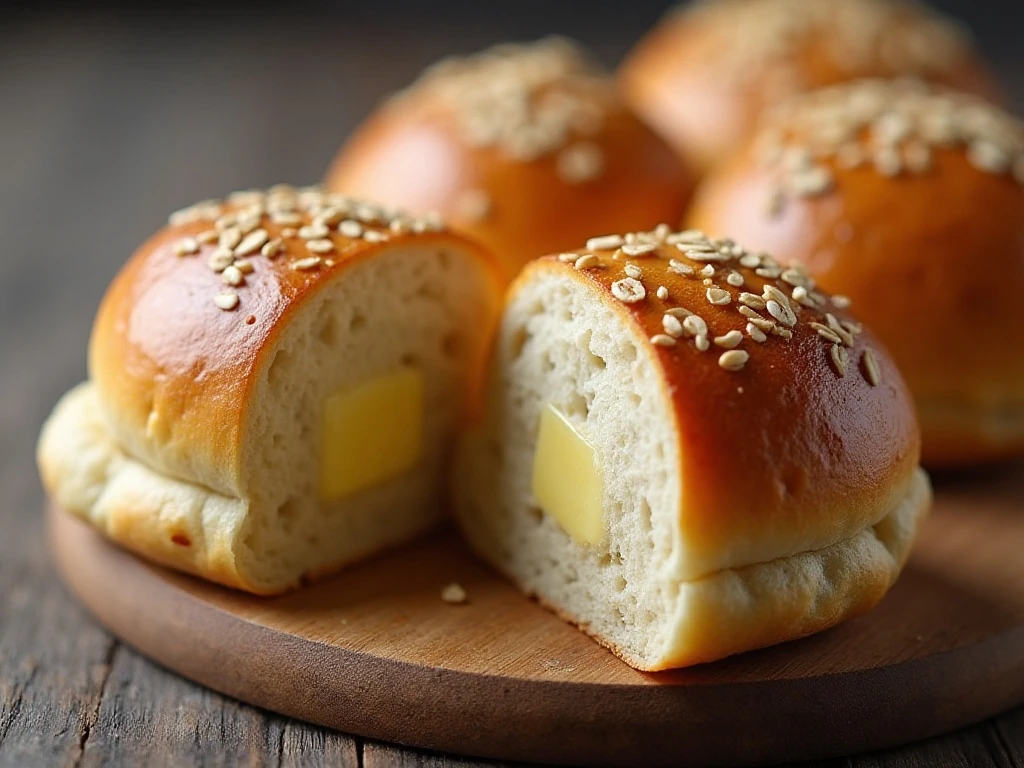 Close-up of the soft interior of a butter-brushed oat roll