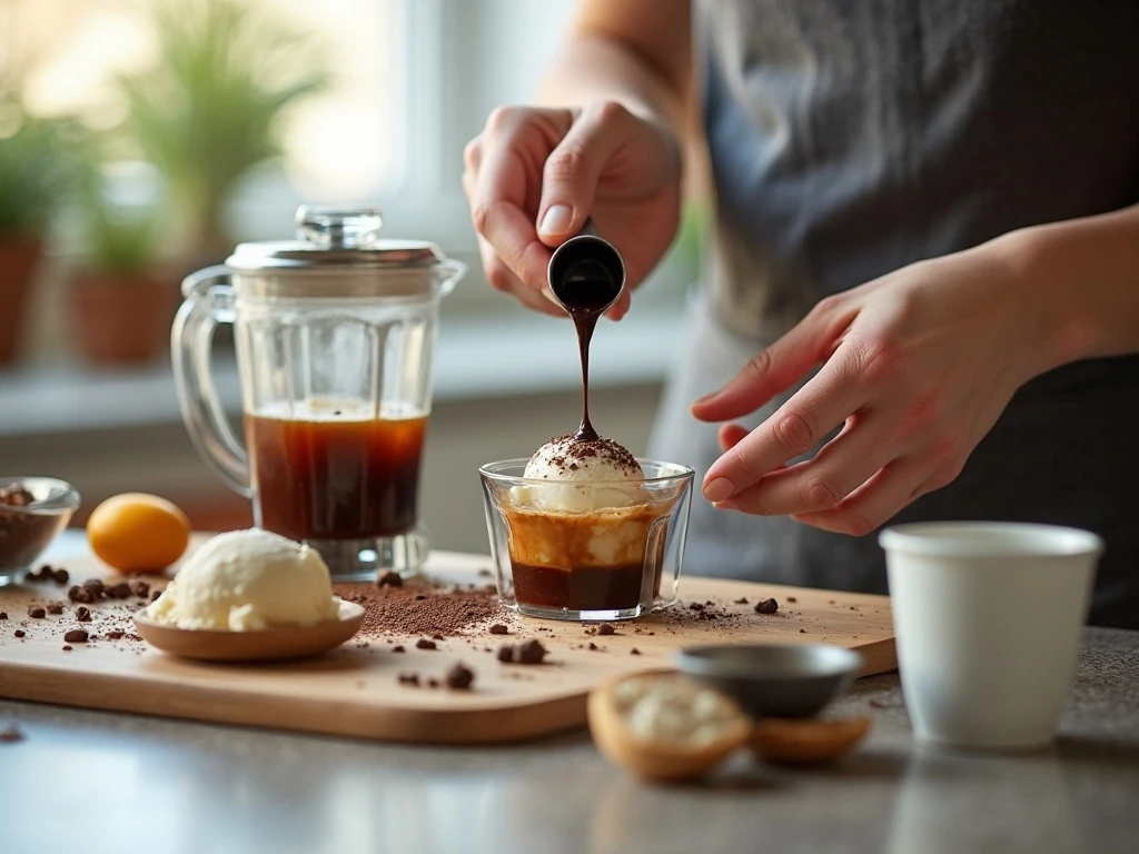 Preparing cold coffee, vanilla ice cream, and chocolate syrup for blending