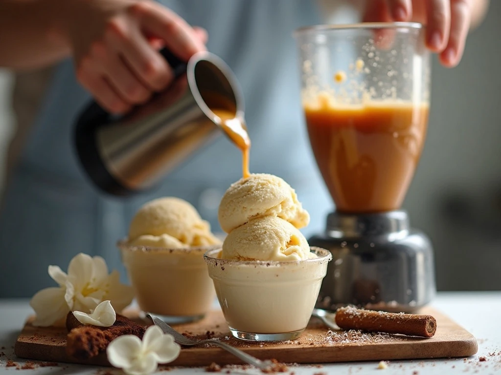 Cold ingredients prepared for a thick coffee milkshake