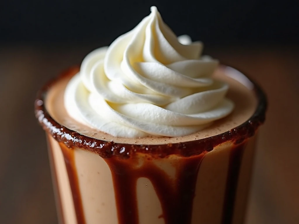 Whipped cream and chocolate syrup garnish on a coffee milkshake