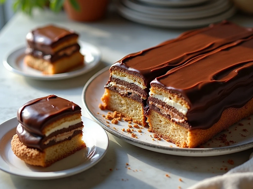 Icebox chocolate eclair cake showing creamy layers and chocolate frosting
