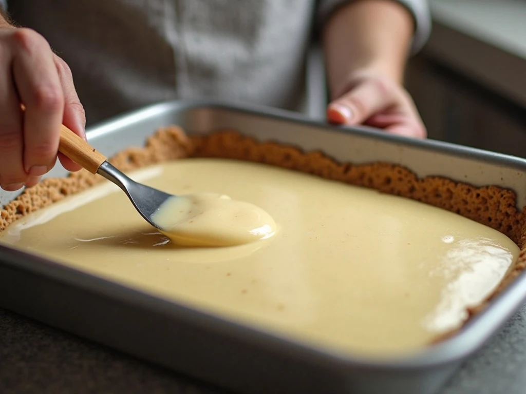 Spreading vanilla pudding filling over graham crackers