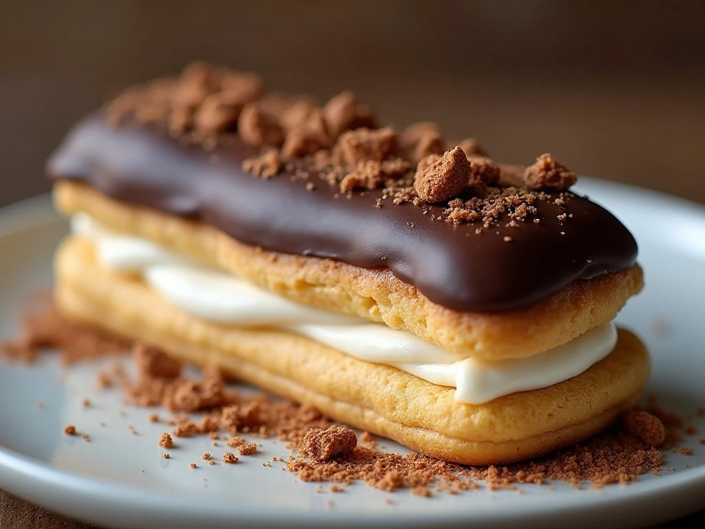 Close-up slice of chocolate eclair cake with chocolate and graham cracker garnish