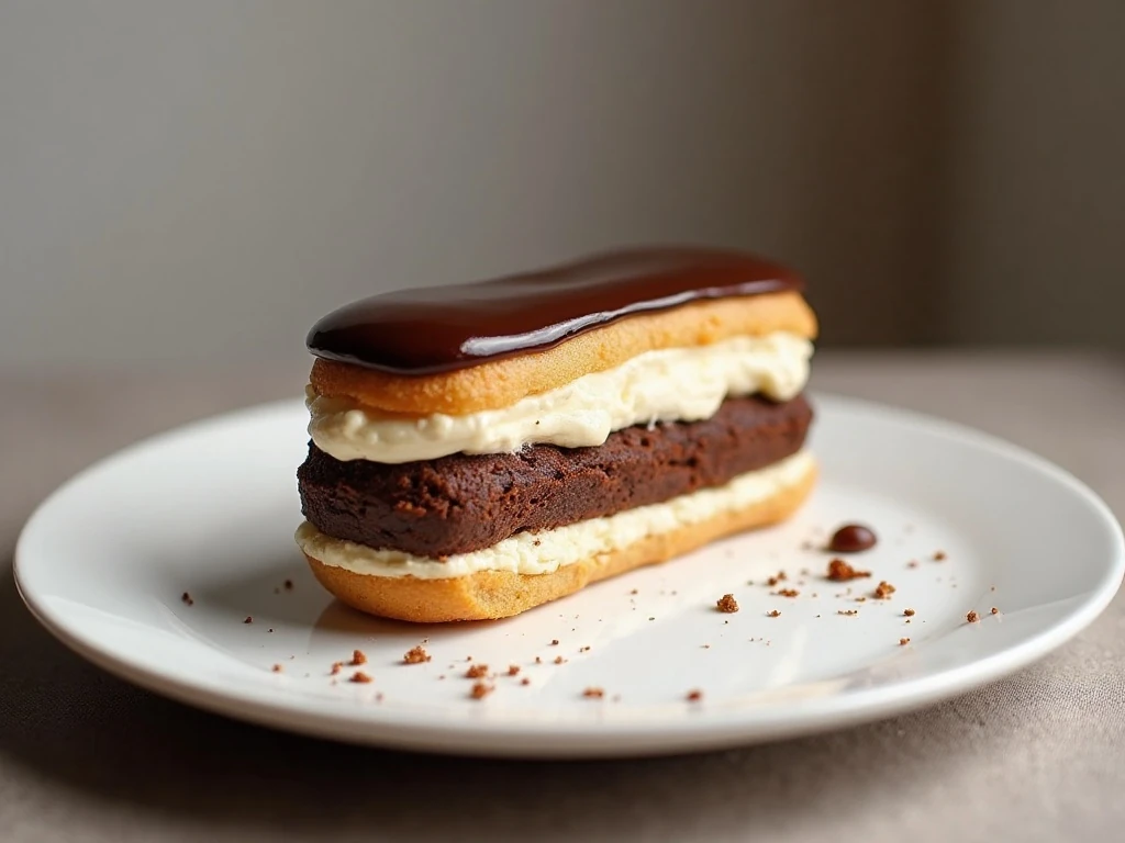 Plated slice of easy no-bake chocolate eclair cake