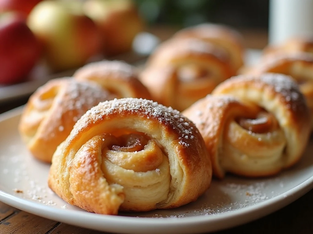 Golden iced apple crescent roll Danish pastries arranged on a serving platter