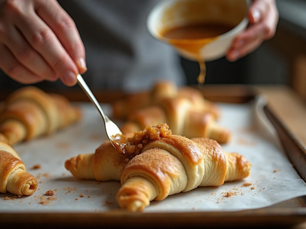 Crescent dough triangles filled with apple pie filling before rolling