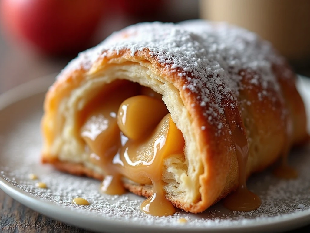 Powdered-sugar glaze drizzled over a flaky apple Danish