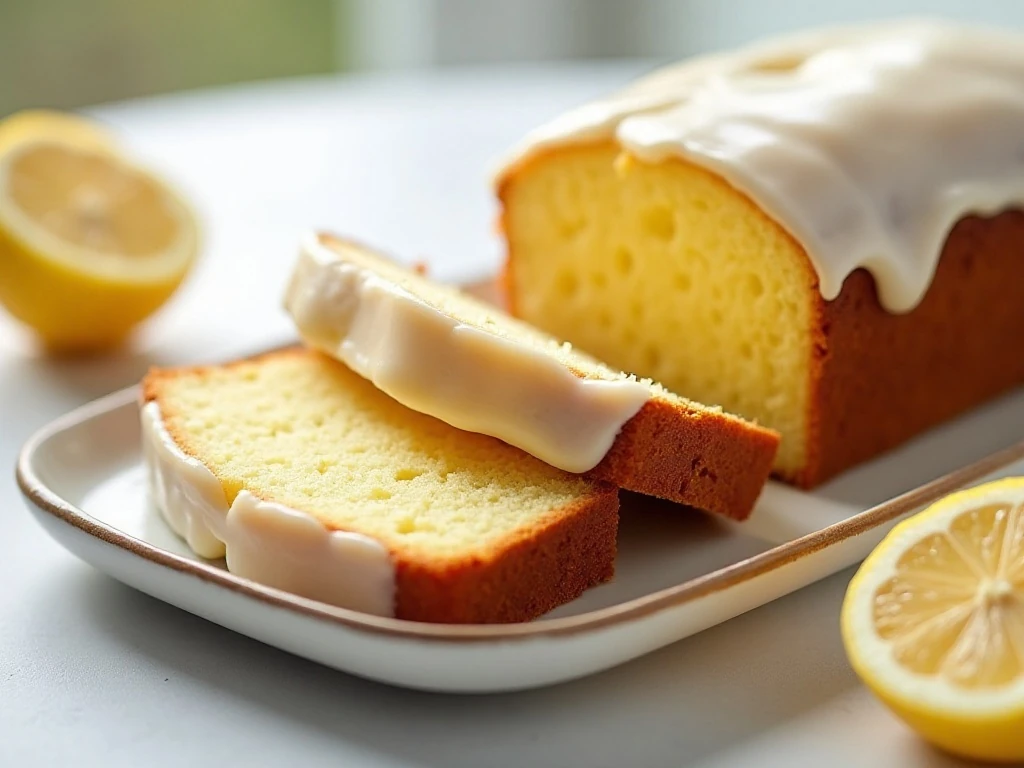Moist iced lemon loaf pound cake sliced and ready to serve