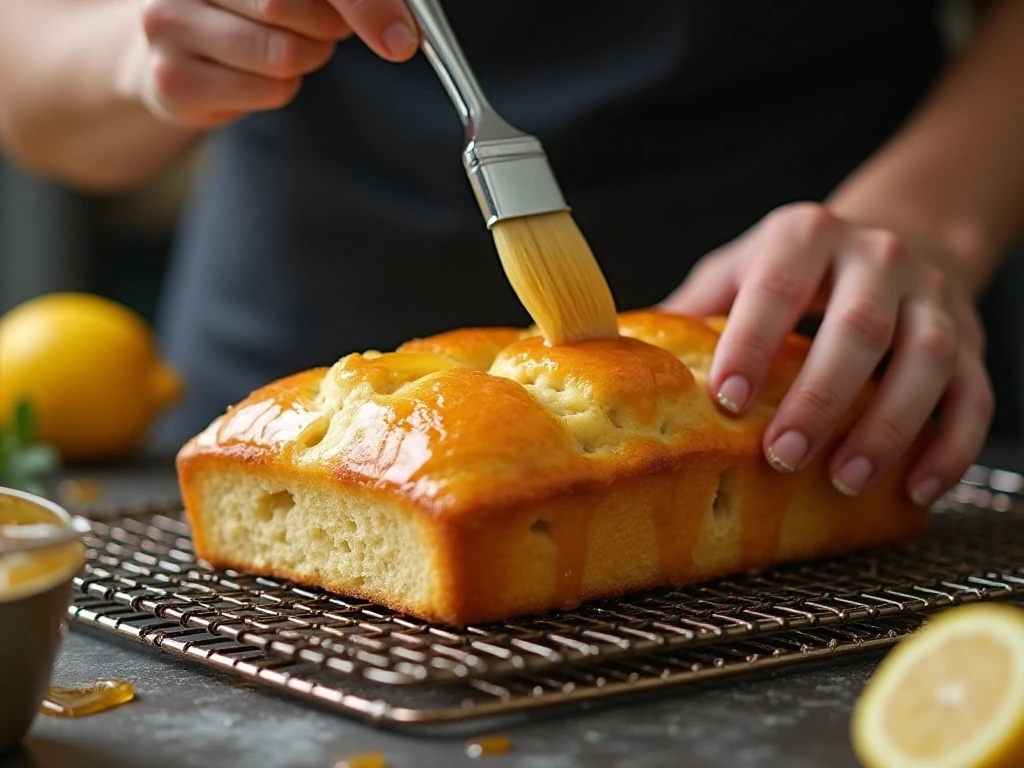 Brushing lemon syrup over a warm lemon loaf