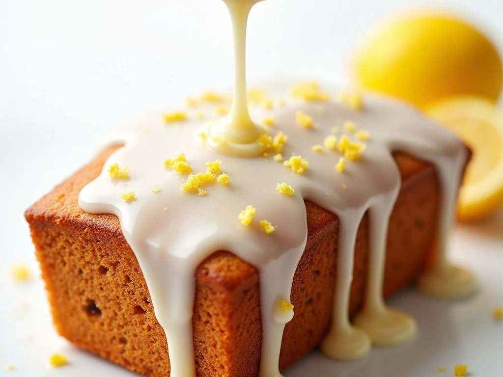 Thick lemon icing drizzled over pound cake