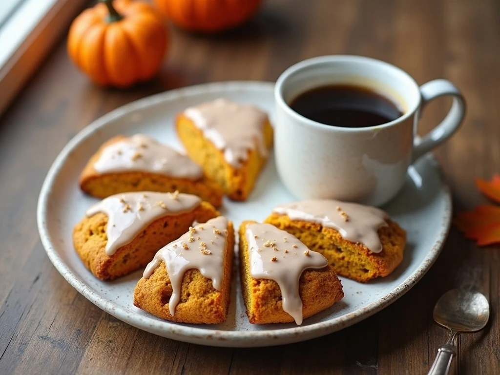 Starbucks-style iced pumpkin scones served with coffee