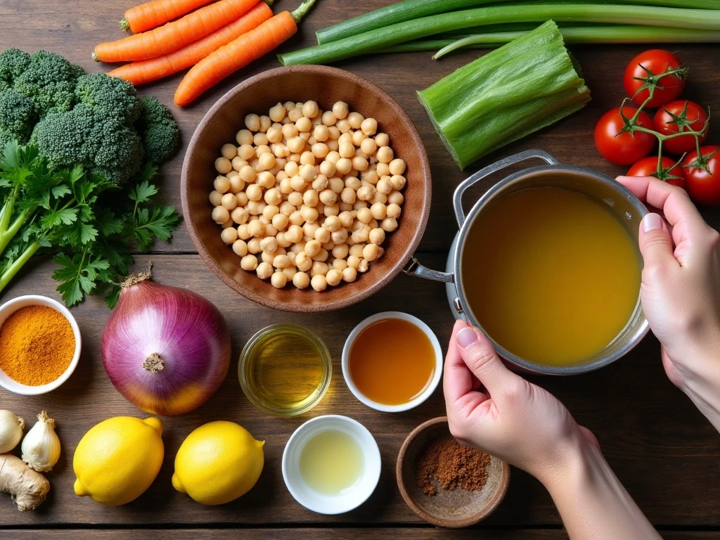 Ingredients for chicken chickpea and vegetable soup arranged on a counter