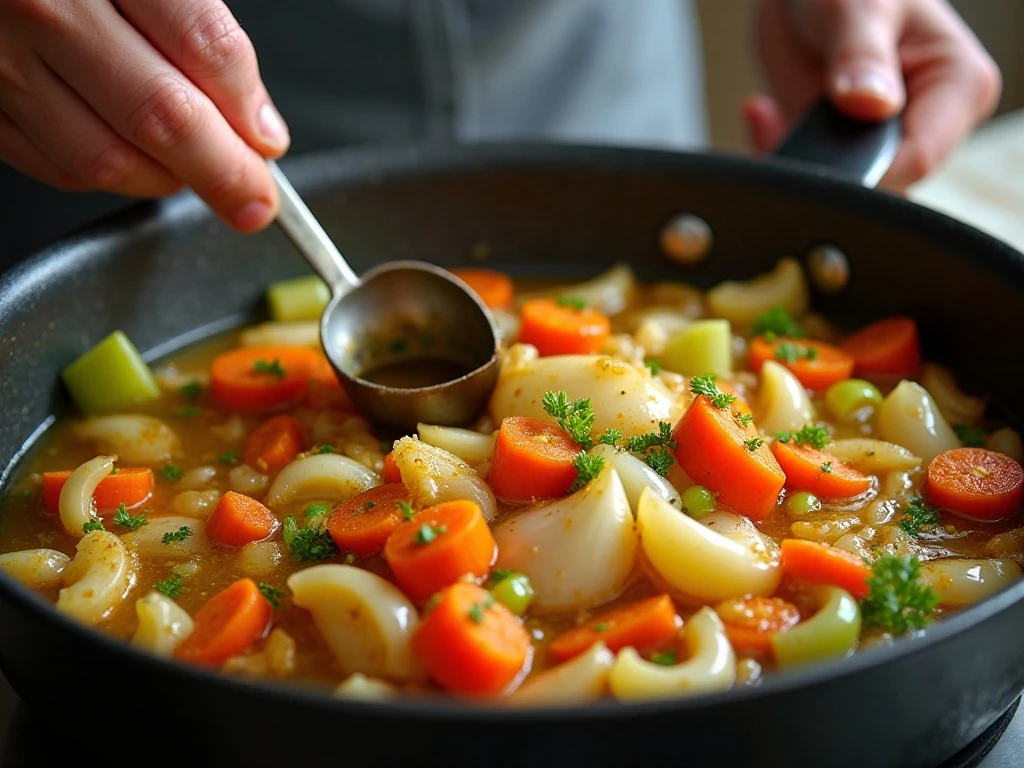 Aromatics and vegetables sautéing in a Dutch oven for homemade soup