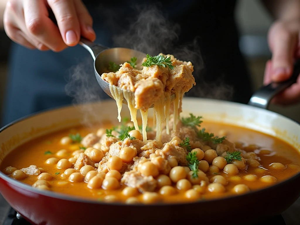 Shredded chicken being added back to a pot of vegetable soup
