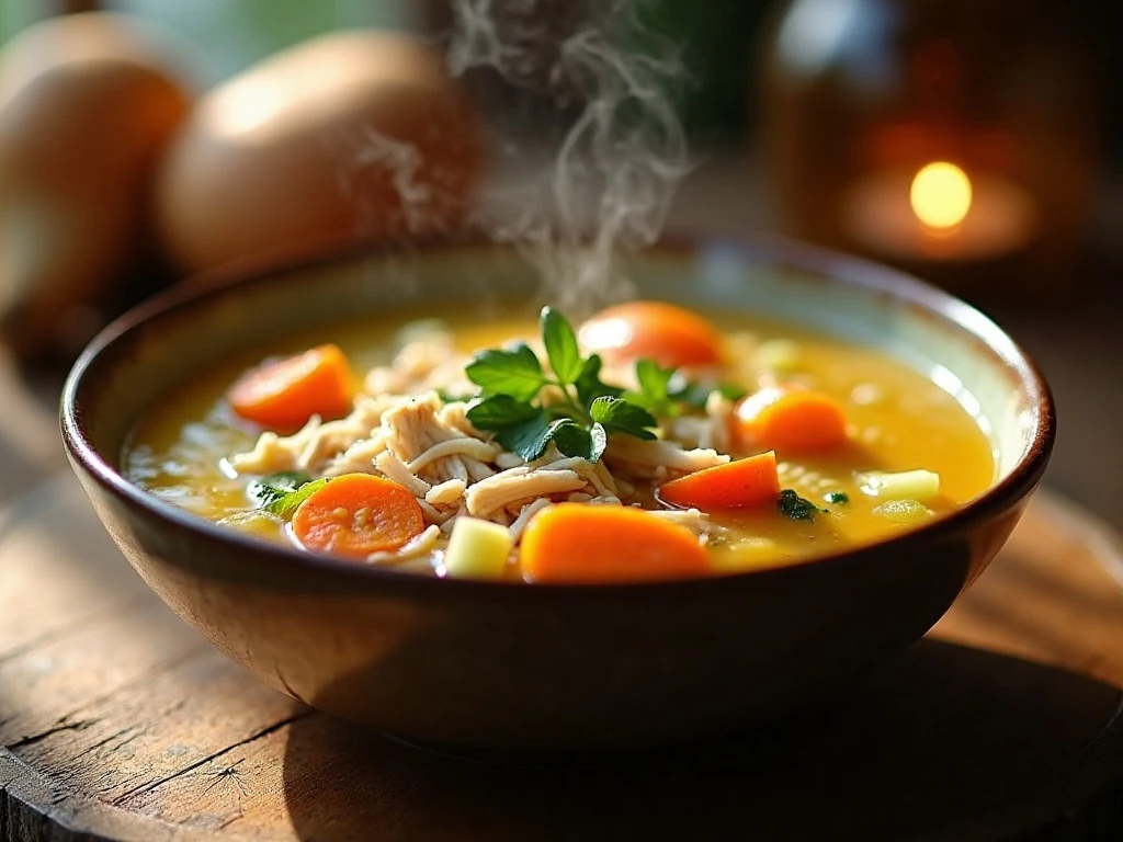 Golden chicken and vegetable soup served for a comforting dinner