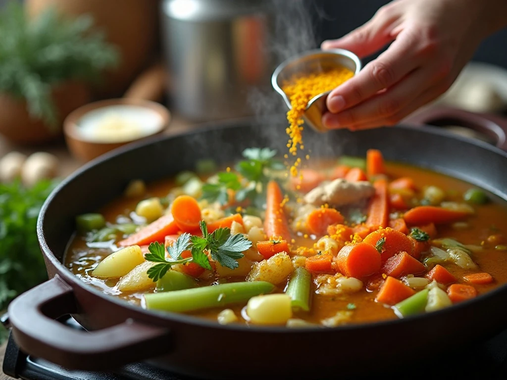 Sautéing vegetables, garlic, ginger, and spices for soup