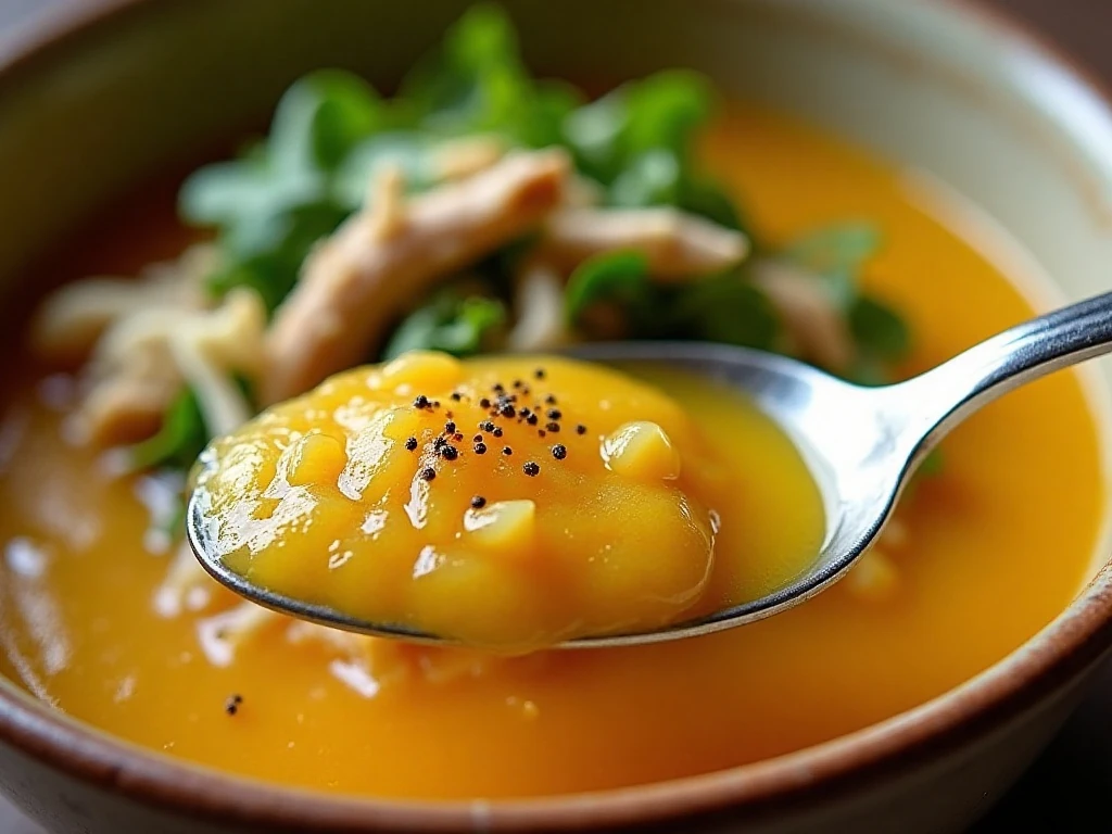 Close-up of lemon-finished chicken soup with greens
