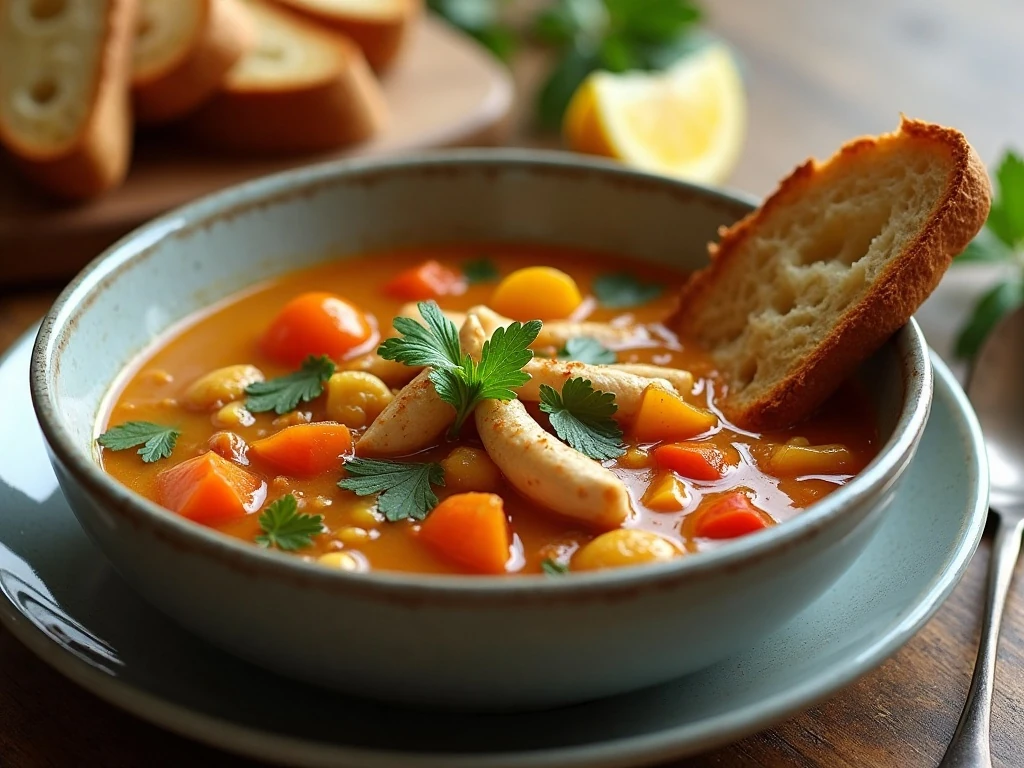 Chicken soup served with crusty bread and lemon