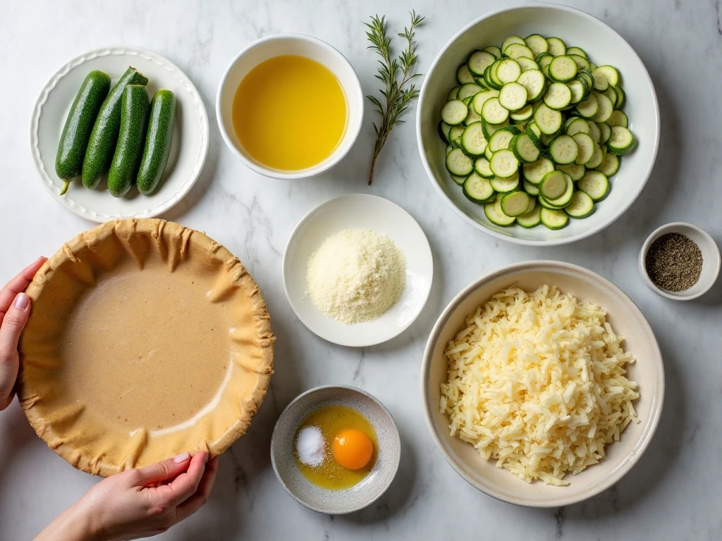 Ingredients for savory Impossible Zucchini Pie arranged for cooking