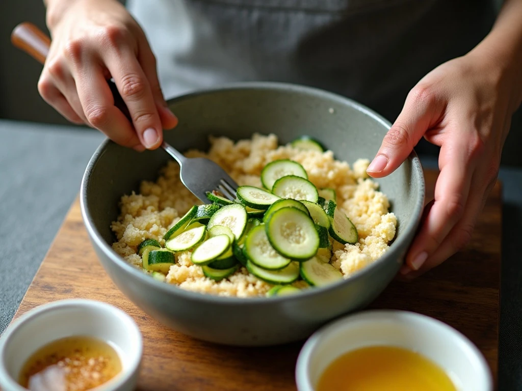 Mixing zucchini and onion with Bisquick ingredients for the pie