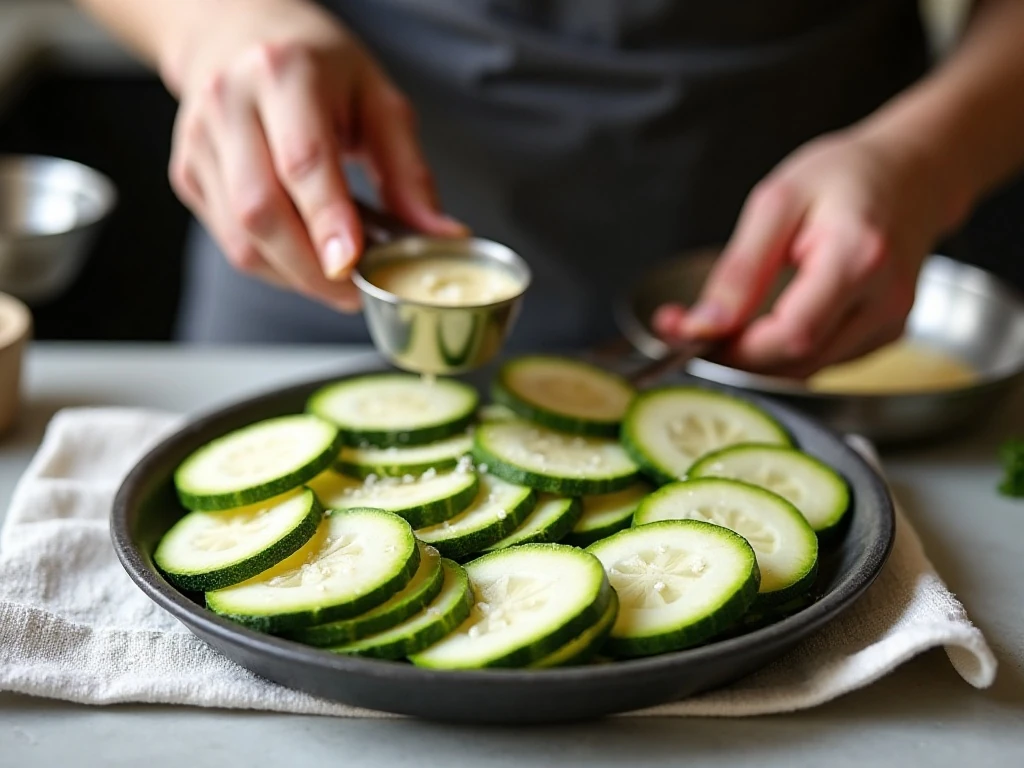 Thin zucchini slices prepared for a moist Impossible Zucchini Pie