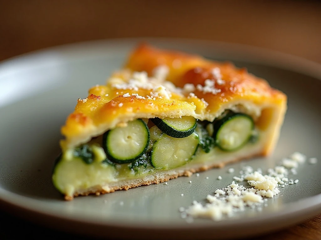 Close-up slice of reheated Impossible Zucchini Pie