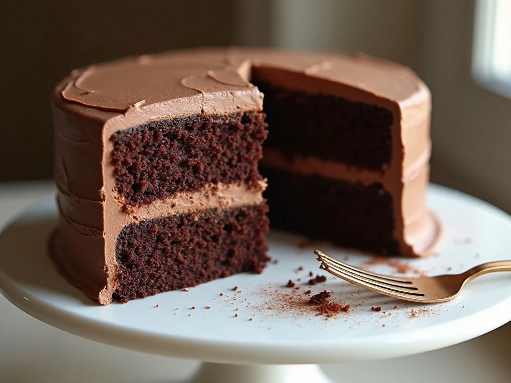 Two-layer chocolate cake with chocolate buttercream and a revealing slice