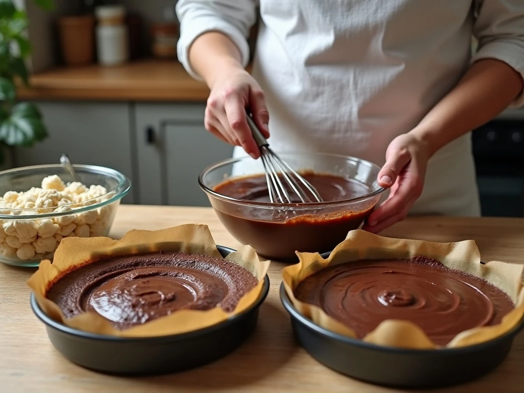 Preparing thin chocolate cake batter before baking