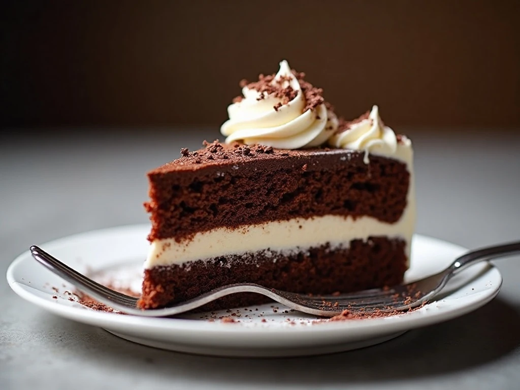 Close-up slice of moist chocolate layer cake with buttercream