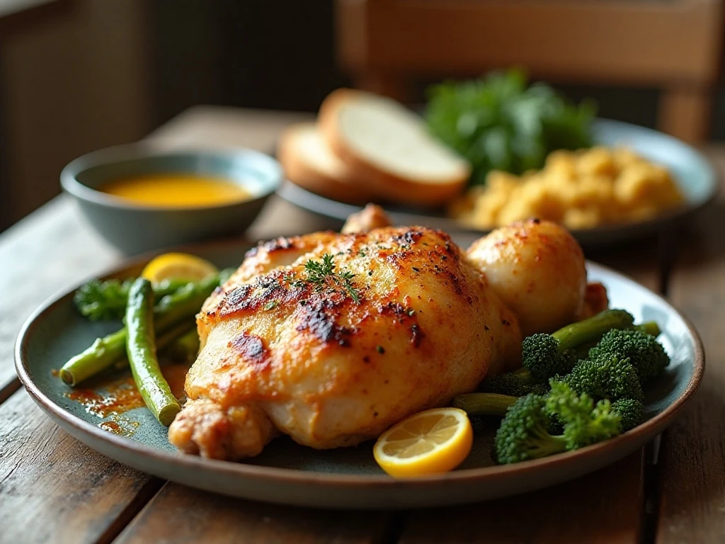 Golden mustard-roasted chicken served family-style with pan juices