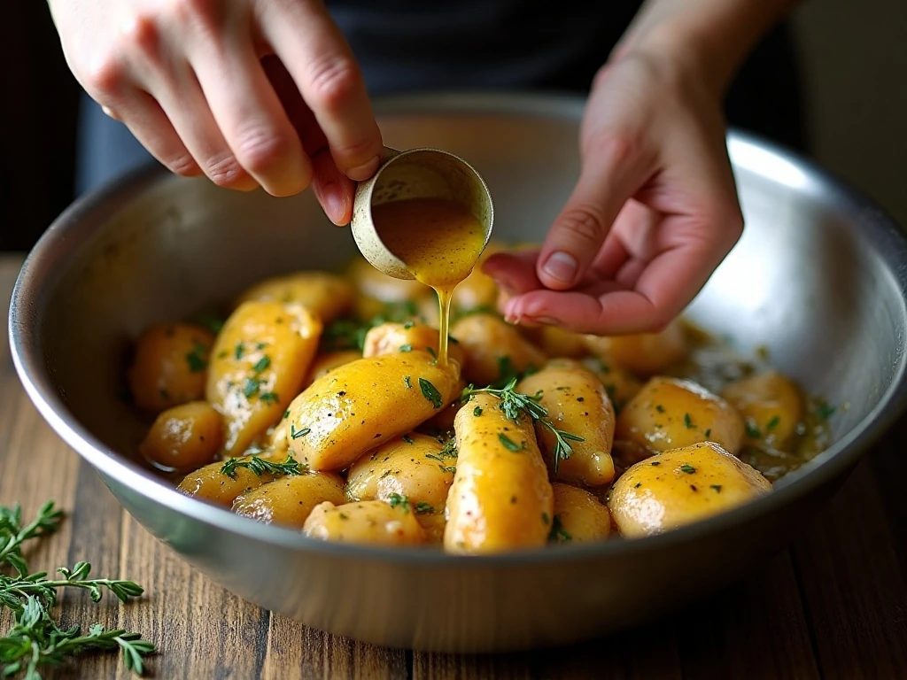 Chicken being coated in the mustard marinade before roasting