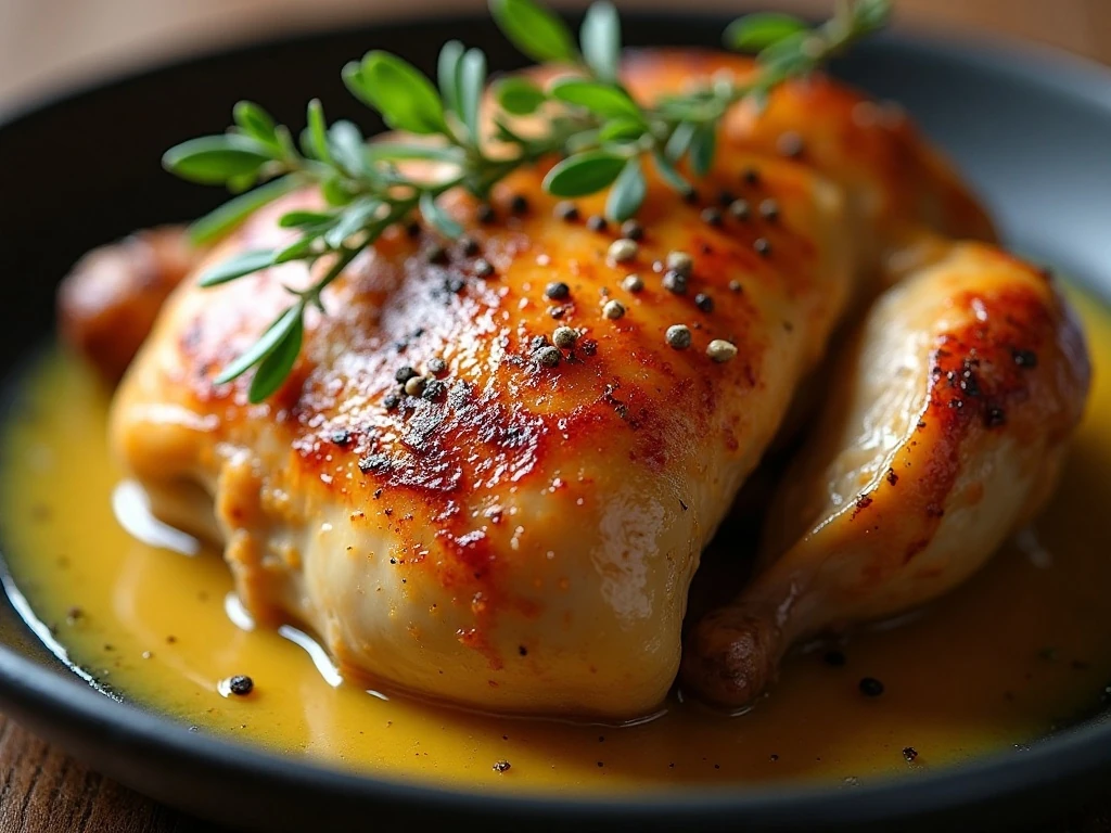 Close-up of mustard-roasted chicken with thyme and pan juices
