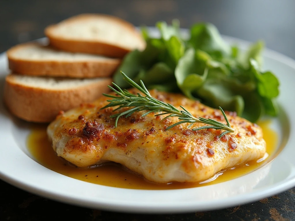 Mustard-roasted chicken served with pan sauce and salad