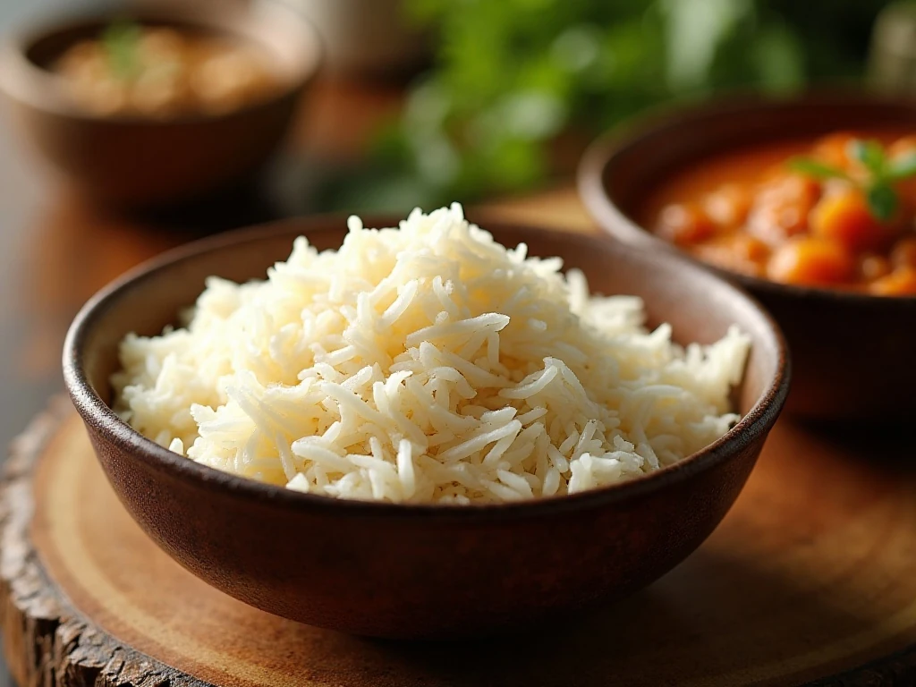 Fluffy Indian basmati rice served beside curry