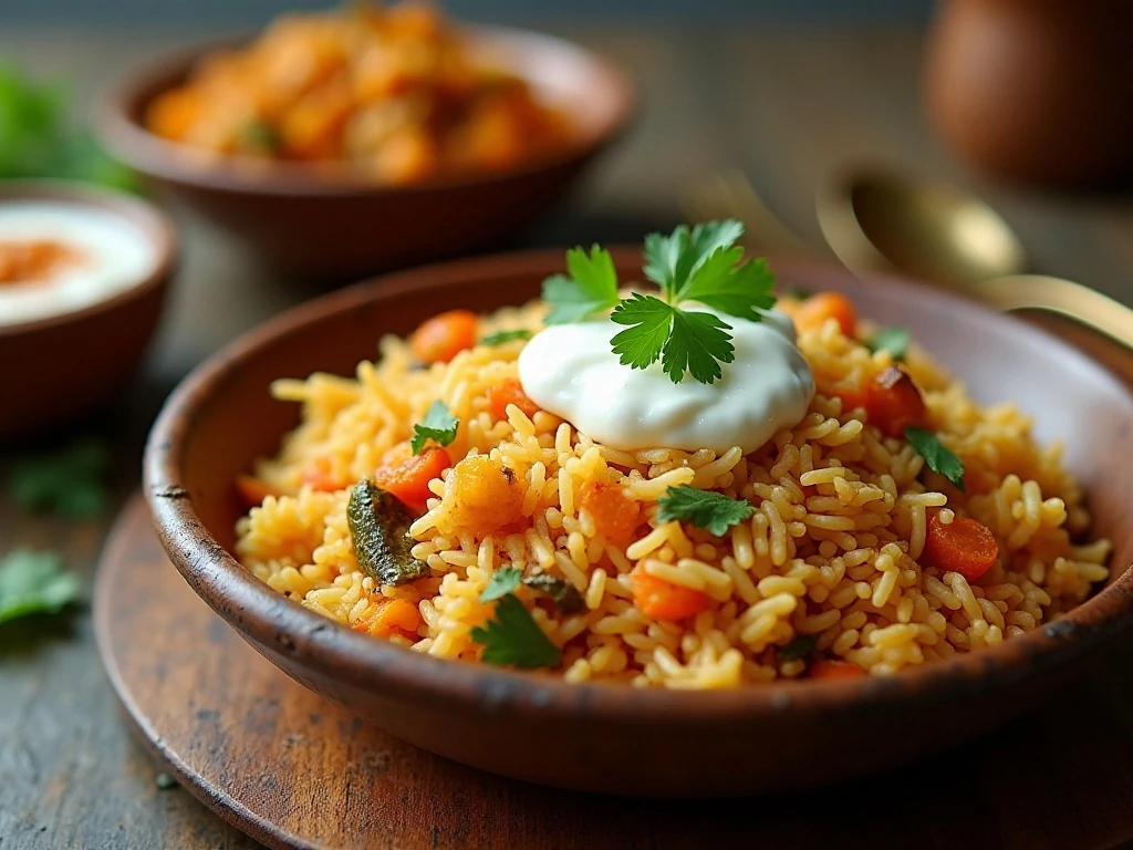 Indian basmati rice served with curry and accompaniments