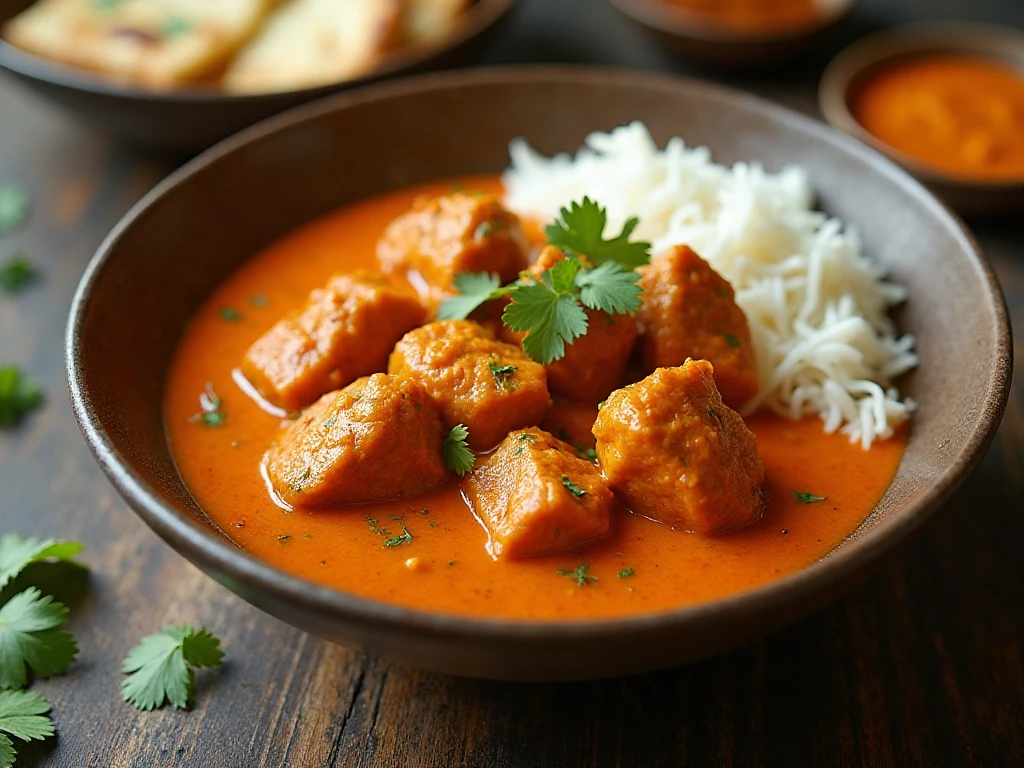 Creamy Indian butter chicken served with basmati rice and naan