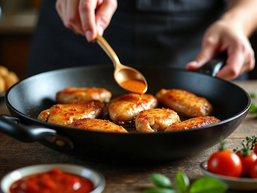 Chicken browning in a skillet for butter chicken