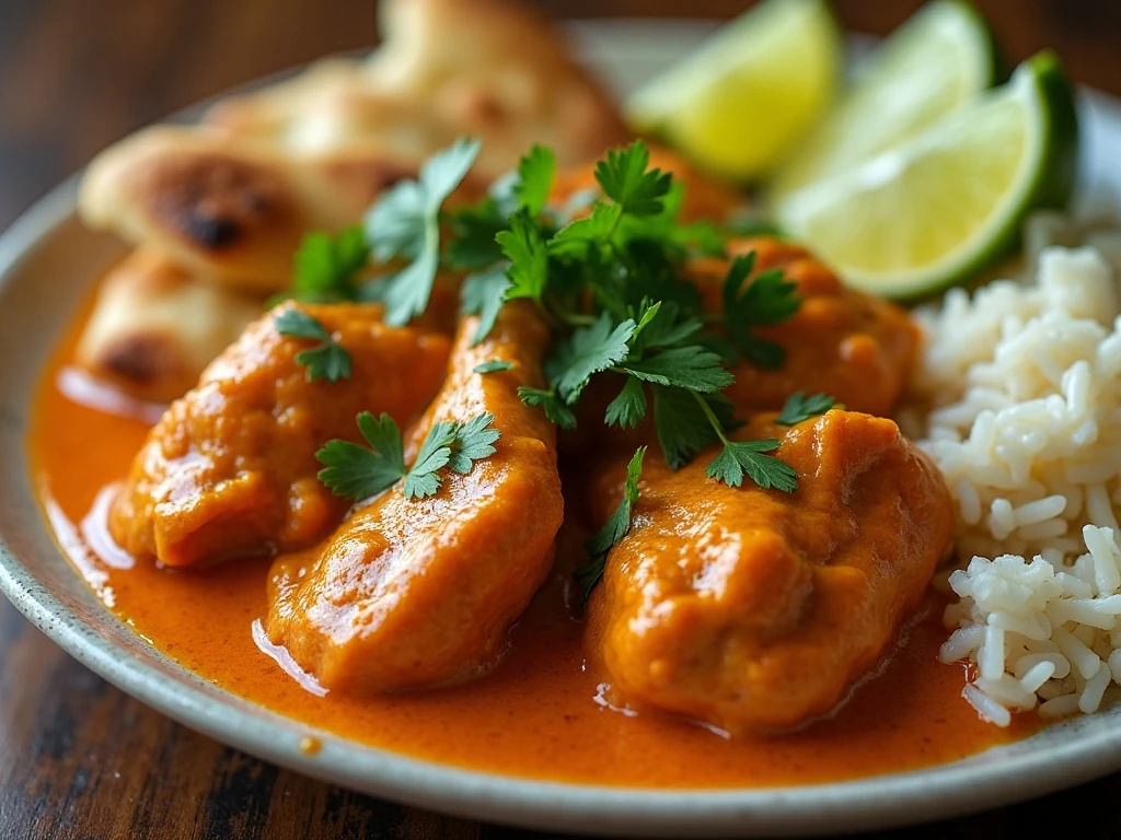Butter chicken with cilantro, lime, rice, and naan