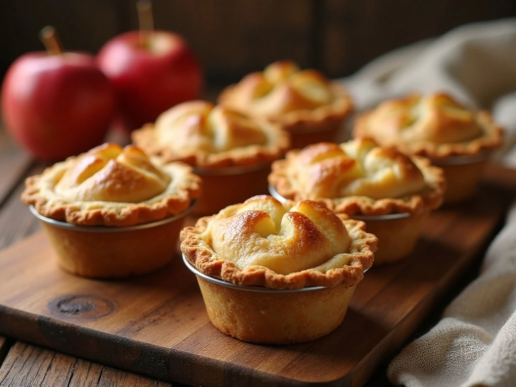 Six individual apple pies ready to serve