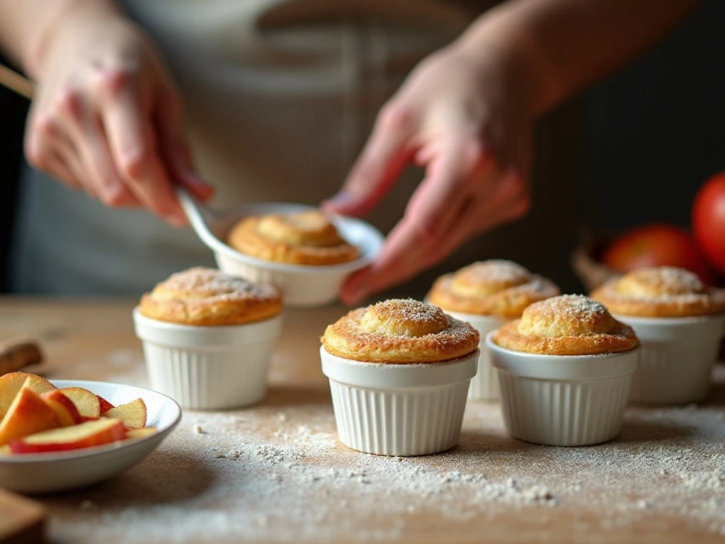 Preparing pastry shells and apple filling for individual pies