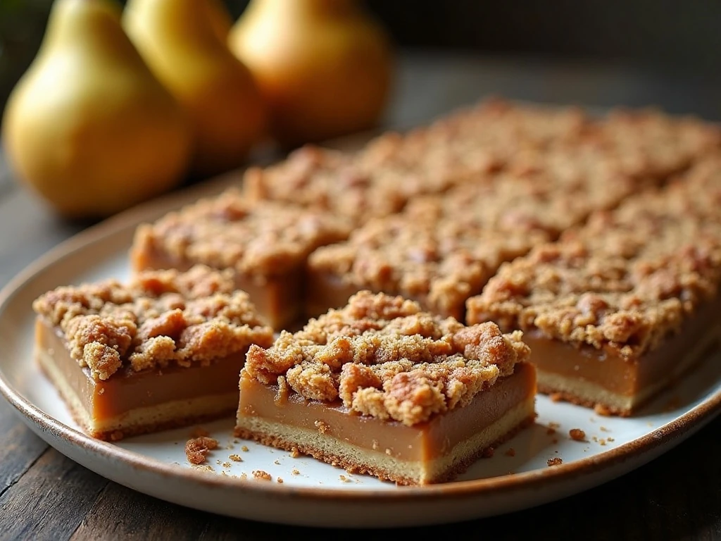Golden pear crumble bars stacked on a serving platter