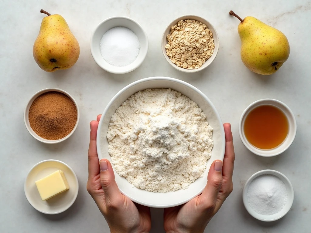 Ingredients for pear crumble bars arranged on a countertop