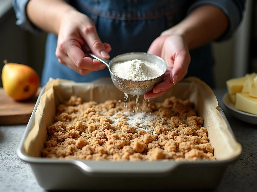 Making the oat crumble topping for pear bars