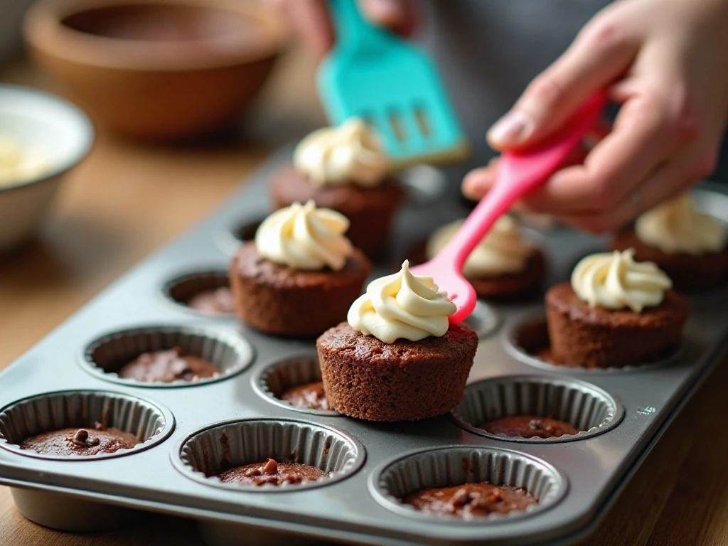 Layering cake batter and cream-cheese filling for inside-out cupcakes